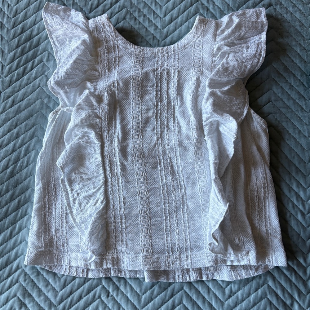 Anthropologie White Ruffle Textured Tie Back Blouse